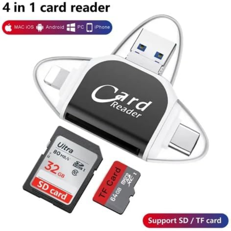 ⚡️Portable High-Speed 4-in-1 Universal Multi-Port SD TF Card Reader – All-in-One Portable SD Card Reader for IOS, Android, and Computers